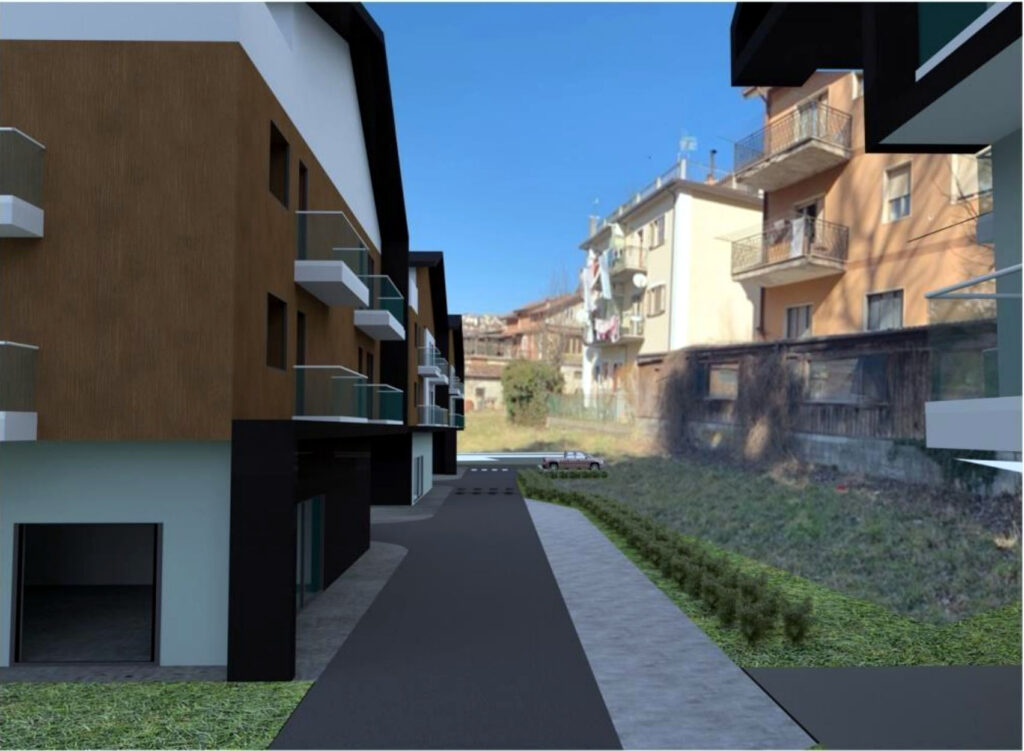 Rendering proposta di progetto fabbricato ed aree verdi River House Castel di Sangro (AQ)